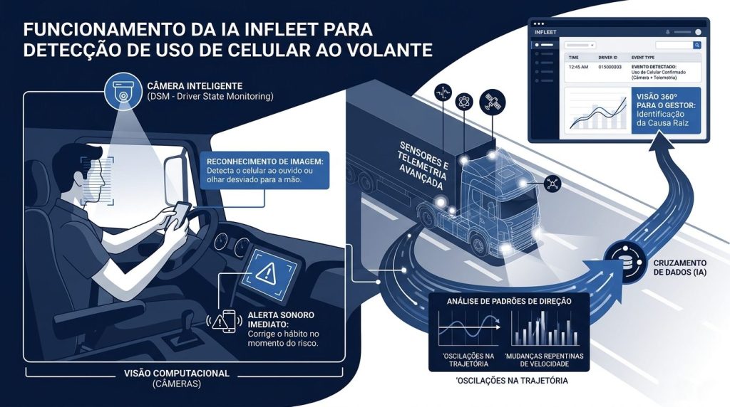 Infográfico horizontal em tons de azul marinho e branco detalhando o funcionamento da IA INFLEET. À esquerda, ilustração vetorial de um motorista em uma cabine de caminhão usando celular, com uma câmera DSM (Driver State Monitoring) destacada e um ícone de alerta sonoro. À direita, um caminhão na estrada com sensores de telemetria avançada que enviam dados para um dashboard digital da INFLEET, mostrando o cruzamento de dados e a visão 360º para o gestor.