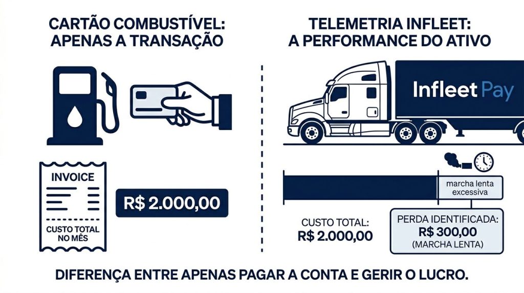 Uma ilustração corporativa comparativa em azul marinho e branco, dividida ao meio por uma linha vertical tracejada. No topo, o título geral: 