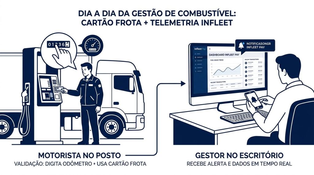 Uma ilustração corporativa em tons de azul marinho e branco, dividida em dois cenários conectados por uma seta de fluxo. À esquerda, sob o título 